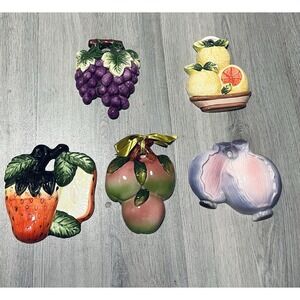 Set Of Five Vintage Hanging Kitchen, Fruits, And Vegetable Decor